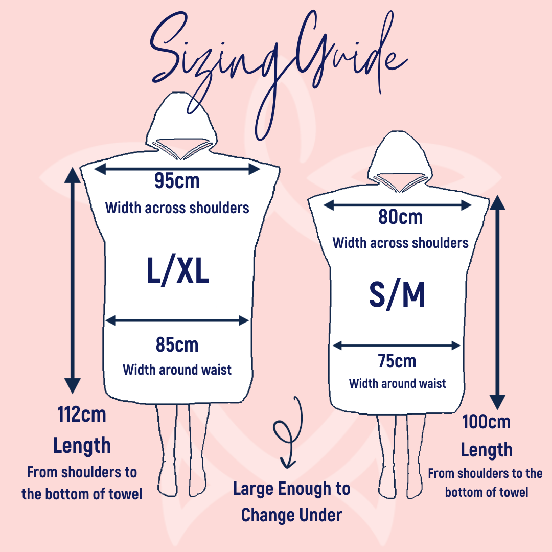 Ocean Armour Changing Poncho Towel size guide comparing S/M and L/XL. S/M: 100 cm long, 80 cm shoulders, 75 cm waist. L/XL: 112 cm long, 95 cm shoulders, 85 cm waist. Designed with enough room to comfortably change underneath