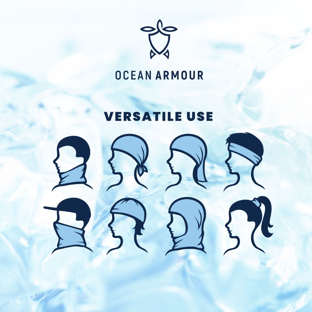 Visual guide demonstrating multiple ways to wear the Reef Love Multi-Use Sun Buff for sun protection and outdoor activities.